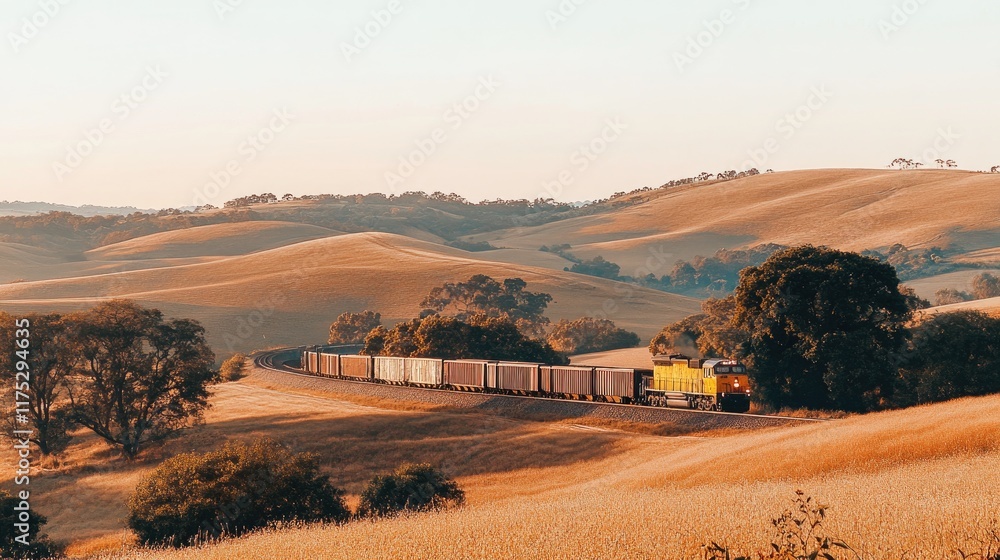 Freight Train Journey Through Rolling Hills Landscape Freight Train Journey Through Rolling Hills Landscape