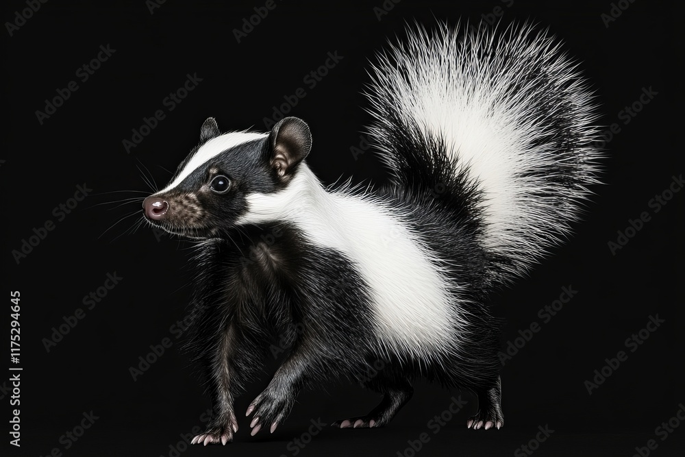 A young skunk, Mephitis mephitis, with classic black fur and white stripes, walking sideways. Head up and looking straight, tail raised. Isolated on a transparent background A young skunk, Mephitis mephitis, with classic black fur and white stripes, walking sideways. Head up and looking straight, tail raised. Isolated on a transparent background