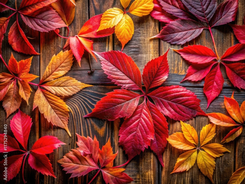 Vibrant red autumn leaves blanket a rustic wooden backdrop, creating a stunning panoramic fall scene. Vibrant red autumn leaves blanket a rustic wooden backdrop, creating a stunning panoramic fall scene.