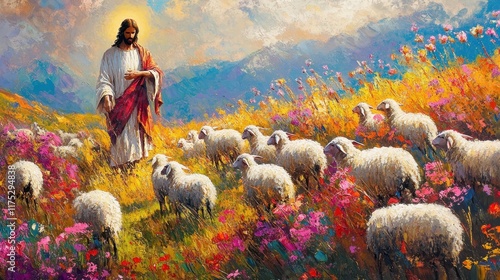 Inspiring Jesus Painting with Sheep in Nature