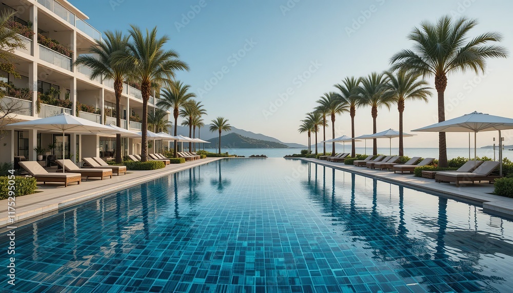 Tranquil Resort Pool Paradise: Escape to a tropical paradise with this idyllic scene of a resort pool nestled amidst swaying palm trees. The crystal-clear water reflects the azure sky. Tranquil Resort Pool Paradise: Escape to a tropical paradise with this idyllic scene of a resort pool nestled amidst swaying palm trees. The crystal-clear water reflects the azure sky.