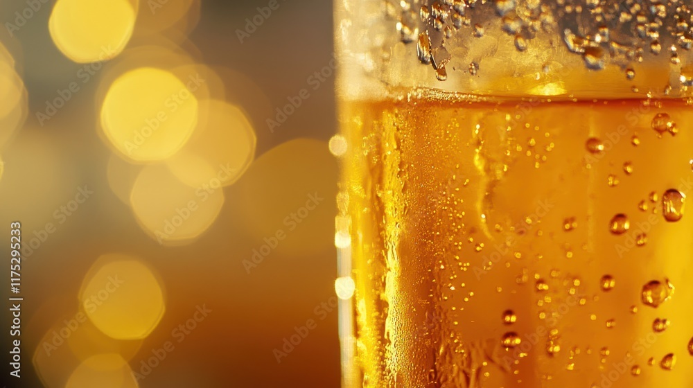 Close-up of a cold, condensation-covered beer glass against a bokeh background. Close-up of a cold, condensation-covered beer glass against a bokeh background.
