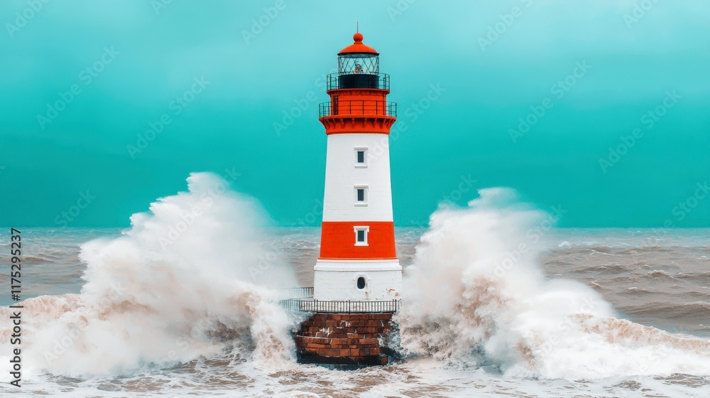 Dramatic Lighthouse Surrounded by Turbulent Waves and Turquoise Sky Dramatic Lighthouse Surrounded by Turbulent Waves and Turquoise Sky