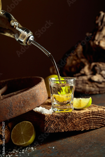 Foto Tequila is poured from a bottle into a glass.