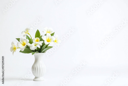 white fluted vase with white flowers on white background