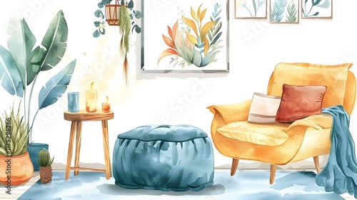 Cozy and Inviting Tropical Inspired Living Room with Vibrant Accents