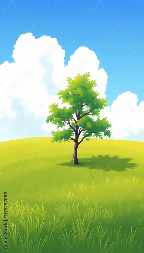 Fototapeta premium Single Tree in Meadow with Blue Sky