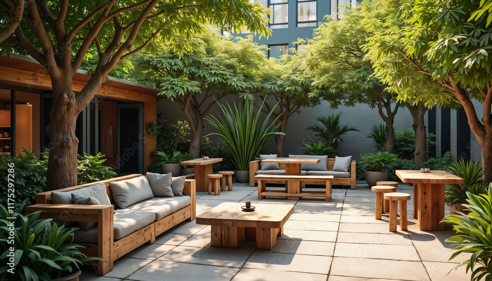 Fototapeta premium Cozy Outdoor Living Space Surrounded by Greenery