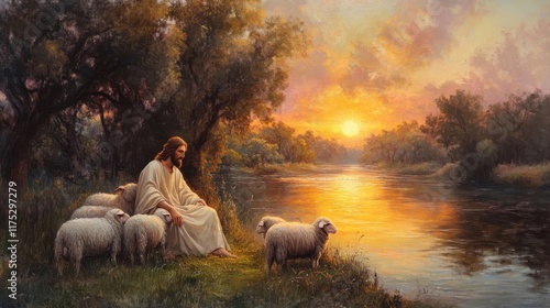 Peaceful Jesus Resting by the River at Sunset photo