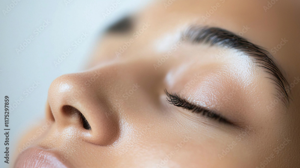 Fototapeta premium calming moment of radiant skin with closed eyes, showcasing natural beauty and tranquility. soft focus highlights smooth texture and serene expression