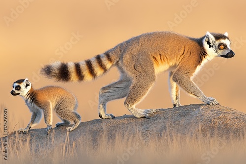 A ring-tailed lemur (Lemur catta), a mother with her baby seated on a stone, is an endangered and endemic species found in Andringitra National Park in Madagascar