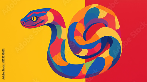 A minimalist snake design with thick outlines and bold primary colors, Chinese zodiac, year of the snake, pop art photo