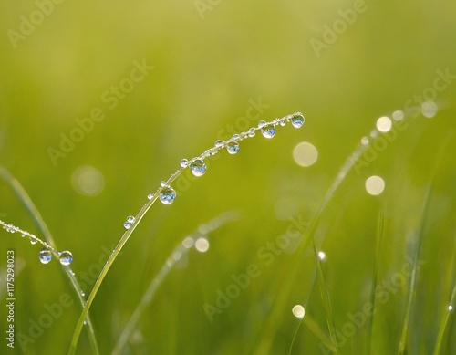 Dew drops on blades of grass in a green field on a sunny day photo