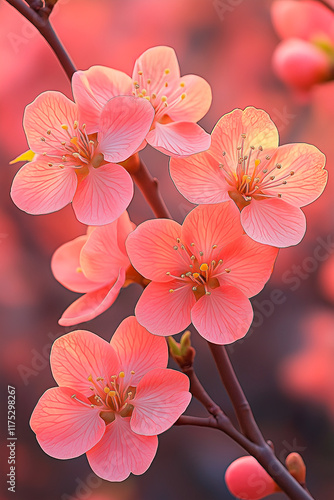 A close-up of delicate pink blossoms on a branch glowing under soft natural light for sring wallpaper. Concept of renewal and the fleeting beauty of springtime flowers. photo