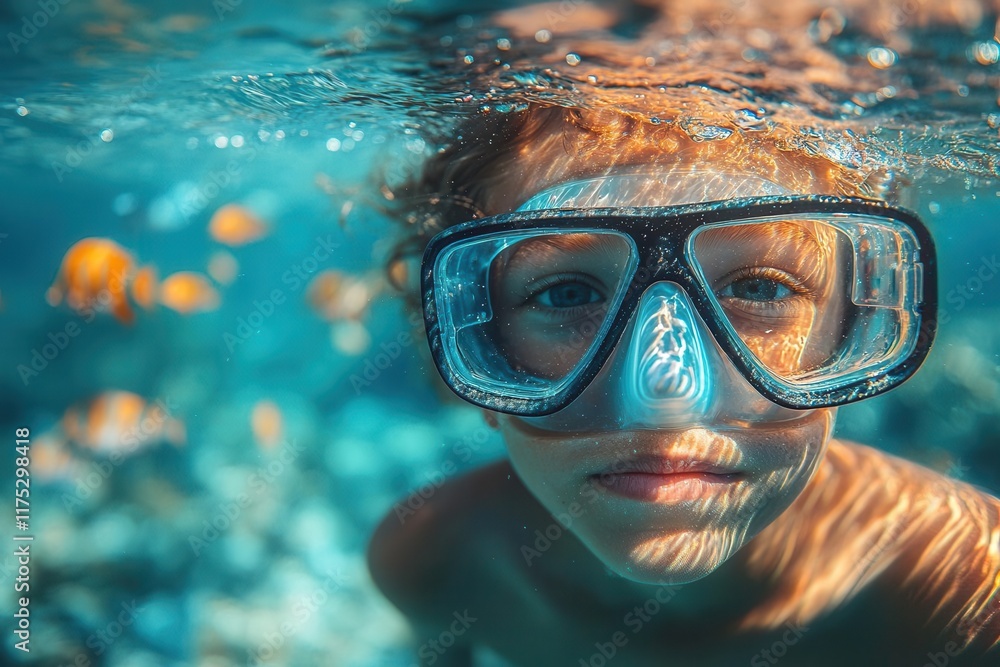 Fototapeta premium boy snorkeling in clear turquoise waters mesmerized by the spectacle of colorful fish swimming gracefully around him showcasing the beauty of the underwater world and the joy of exploration