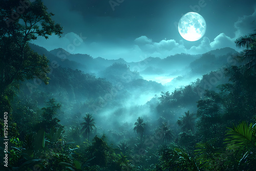 Fototapeta Naklejka Na Ścianę i Meble -  Full moon over misty jungle valley at night.