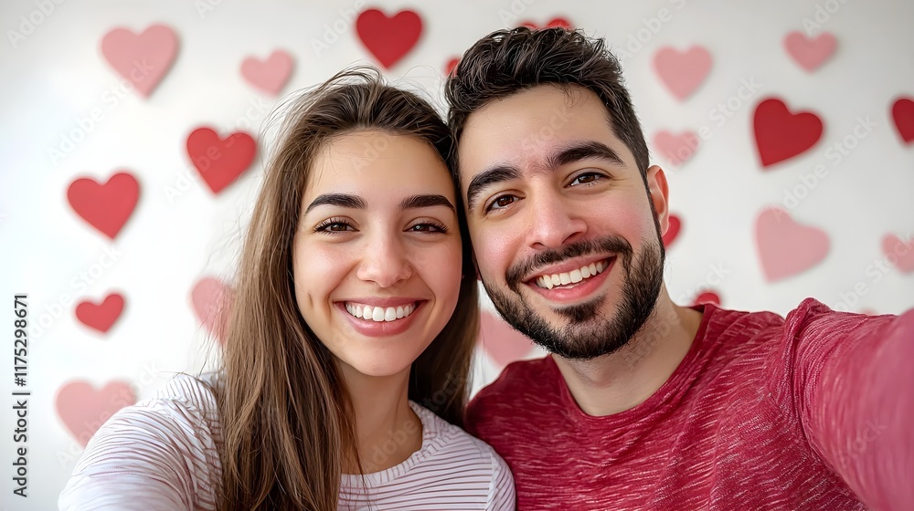 Happy Couple Smiling in Front of Heart Decorated Background, Generative AI. Happy Couple Smiling in Front of Heart Decorated Background, Generative AI.