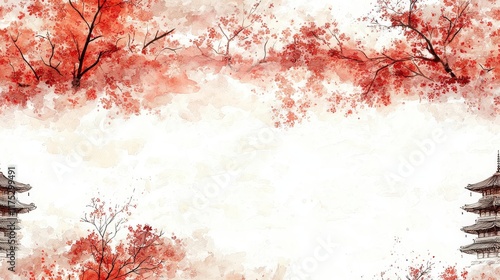 Serene Japanese Landscape with Red Cherry Blossoms and Traditional Architecture in Watercolor Style