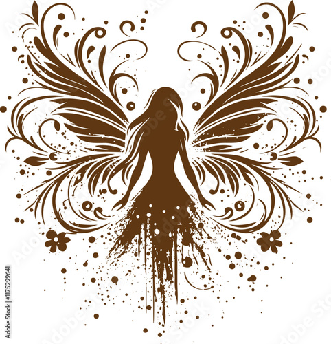 Silhouette of a Fairy with Ornate Wings in Abstract Art Style