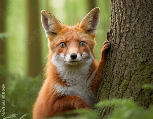 A red fox with a fluffy orange coat peeking out from behind a tree trunk in a forest setting photo