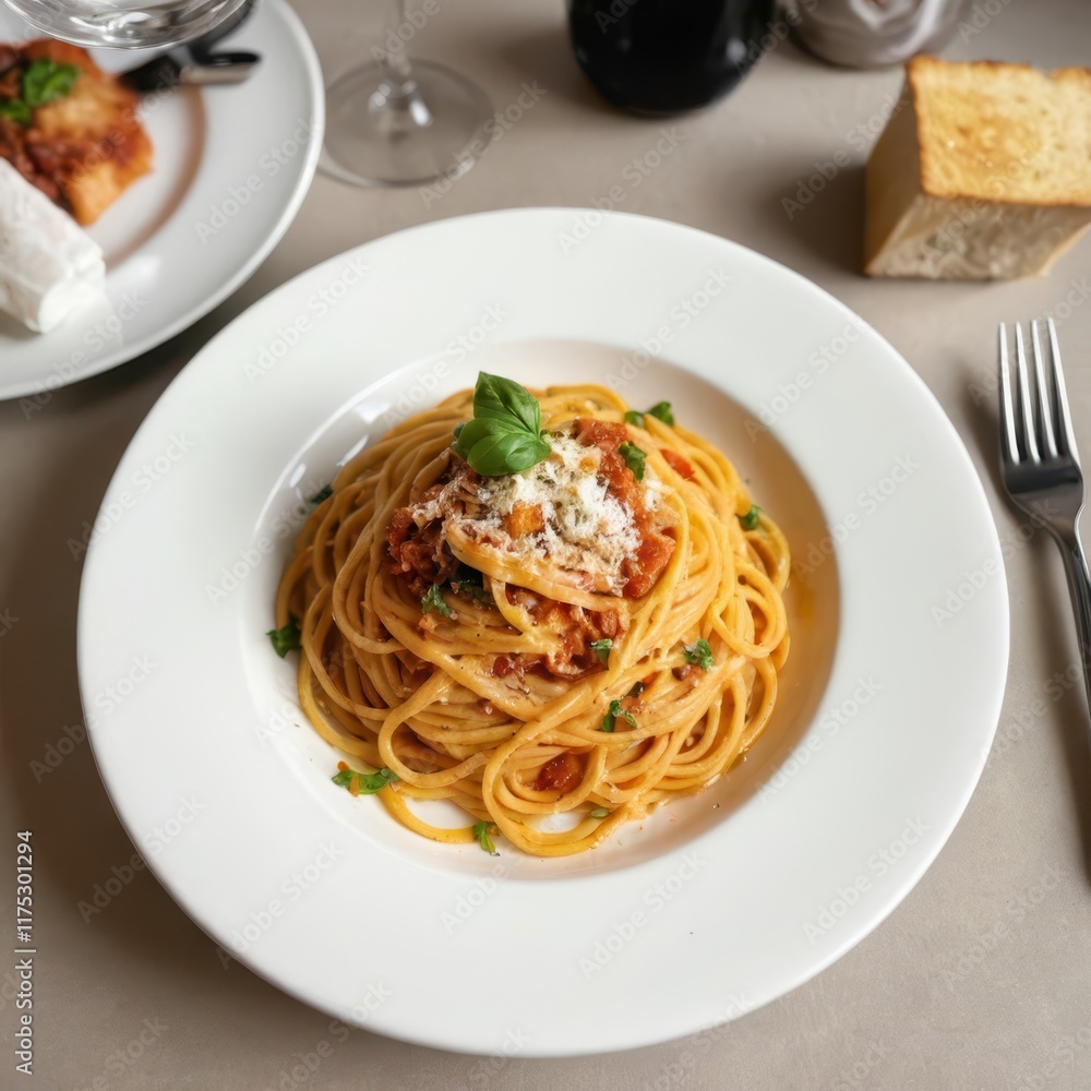 a white plate with spaghetti and bread on it a white plate with spaghetti and bread on it