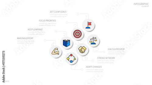 Infographic template with 7 points, using a circular layout and icons to represent each point. Ideal for business presentations or reports.