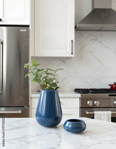 Modern Kitchen Decor with Elegant Blue Ceramic Vase create with ai