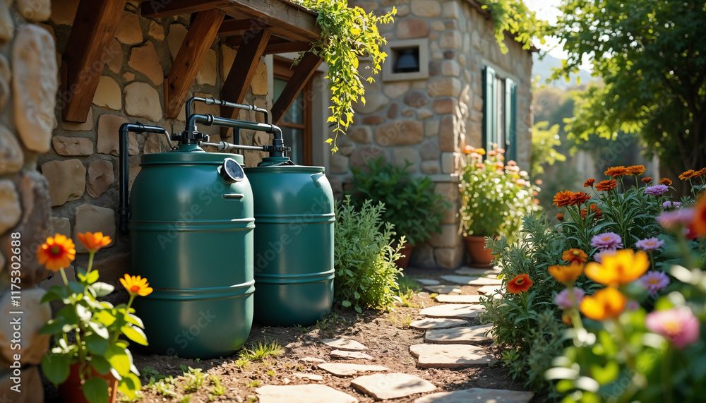 Obraz premium Green Water Tanks in Garden by Stone Cottage