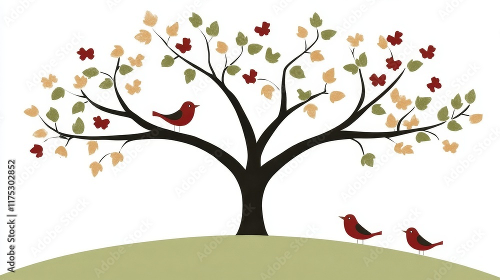 Stylized tree with birds perched on branches and ground, earthy tones Stylized tree with birds perched on branches and ground, earthy tones