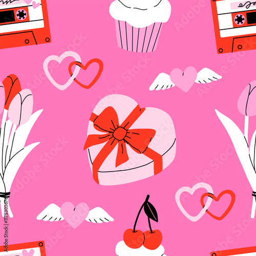 Valentine's Day seamless pattern with heart and other elements. Valentine's day, wedding and love concept. Vector background for wrapping paper, textile and others photo