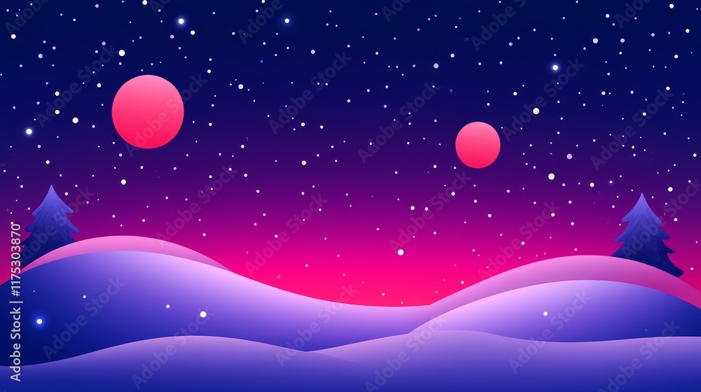 Naklejka premium Stylized winter night scene with pink celestial bodies and snow-covered hills