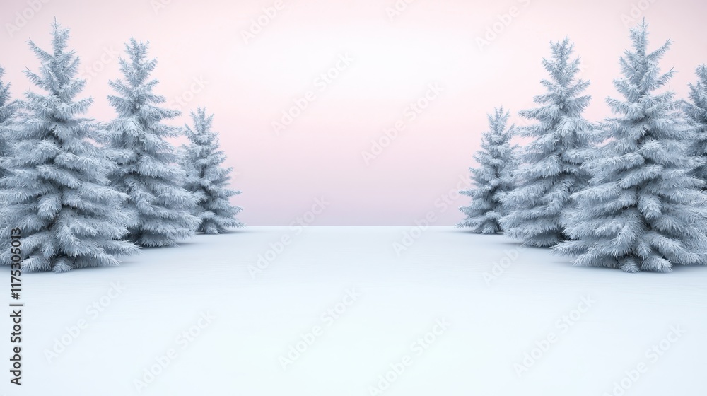 Fototapeta premium A serene winter landscape with snow-covered ground and frosted evergreen trees under a pastel sky.