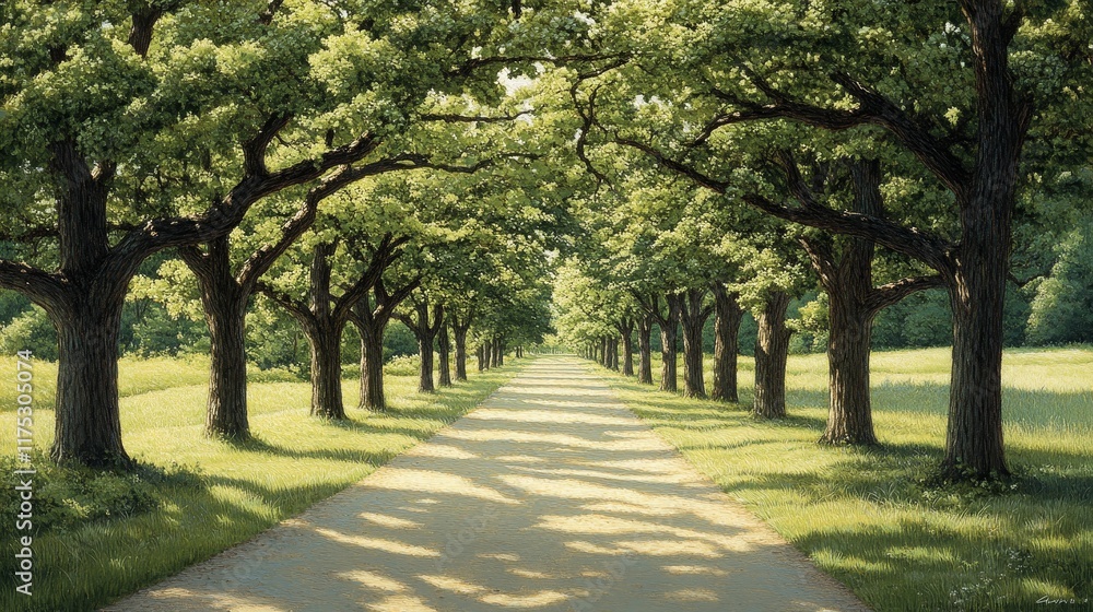 Fototapeta premium Sun-dappled path winding through a verdant, tree-lined avenue
