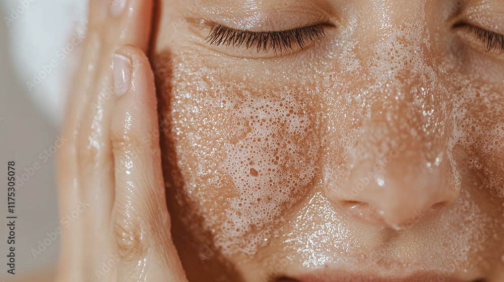 Fototapeta premium Gentle exfoliation on skin with bubbles, showcasing close up of woman face. soothing process highlights skincare and self care routines, promoting healthy skin