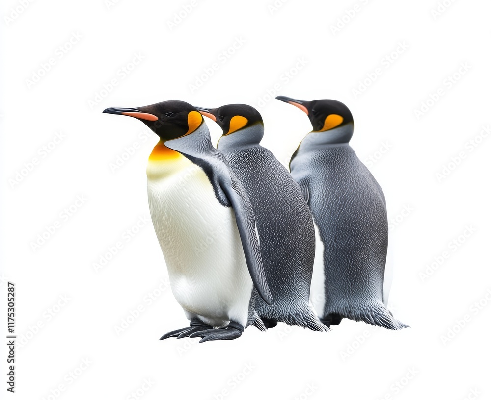 Fototapeta premium Four emperor penguins standing alone on a white surface, presented in PNG format with a transparent background