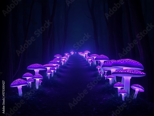 Glowing Purple Mushrooms Path: A 3D Render of an Enchanting Forest Night AI Generated photo