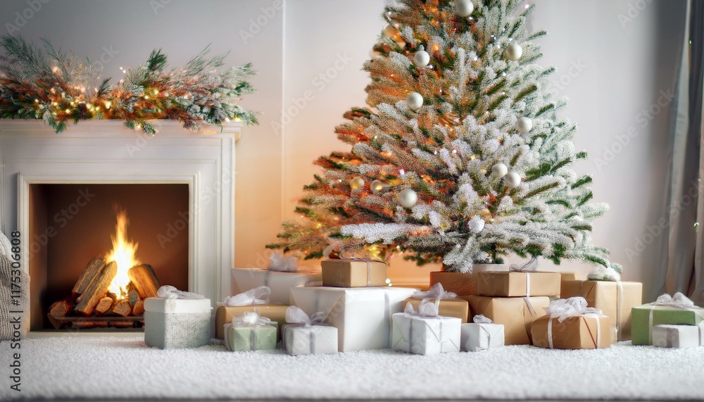 Gifts under Christmas tree by fireplace. White minimalistic scandi style New Year interior. Stack of presents in snow on floor. Blurred living room background with copy space. Gifts under Christmas tree by fireplace. White minimalistic scandi style New Year interior. Stack of presents in snow on floor. Blurred living room background with copy space.