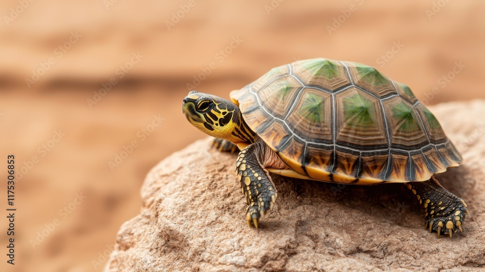 Obraz premium A turtle resting on a rock with a textured shell in a natural setting.