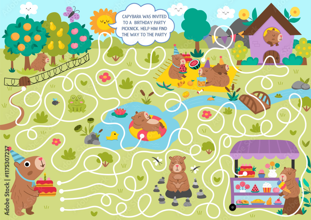 Fun maze for kids with capybara in cone hat going to birthday party picknick with cake. Capibara preschool printable activity with cute animal. Labyrinth game, puzzle with nature landscape Fun maze for kids with capybara in cone hat going to birthday party picknick with cake. Capibara preschool printable activity with cute animal. Labyrinth game, puzzle with nature landscape