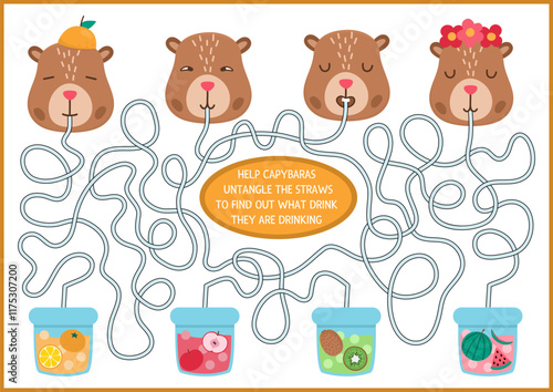 Fun maze for kids with capybaras drinking bubble tea. Capibara preschool printable activity. Labyrinth game or puzzle with cute animals, fruit drinks. Untangle the straws worksheet