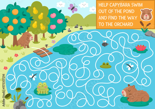 Fun maze for kids with capybara swimming out from pond to fruit garden. Capibara preschool printable activity with cute animal. Labyrinth game or puzzle with nature landscape, lake, orchard, frog