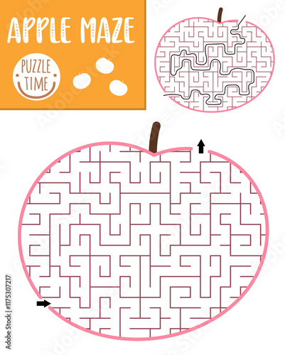 Fruit geometrical maze for kids. Preschool printable activity shaped as apple. Capybara food labyrinth game or puzzle for children