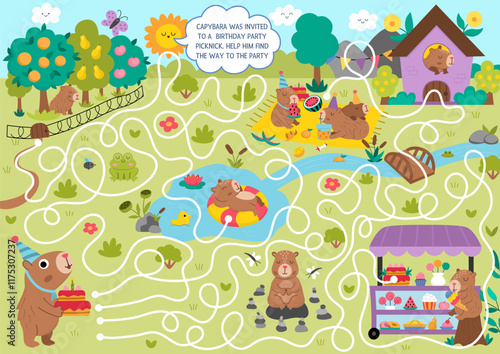 Fun maze for kids with capybara in cone hat going to birthday party picknick with cake. Capibara preschool printable activity with cute animal. Labyrinth game, puzzle with nature landscape