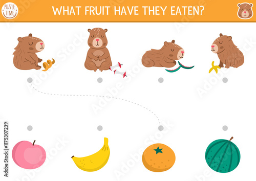 Capybara matching activity with cute animals and fruit waste. Capibara puzzle with apple, banana, orange, watermelon. Match the objects game. Feed the animals printable worksheet