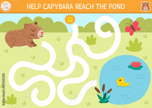 Fun simple maze for kids with capybara going to pond through summer meadow. Capibara preschool printable activity with cute animal. Labyrinth game or puzzle with nature landscape, lake