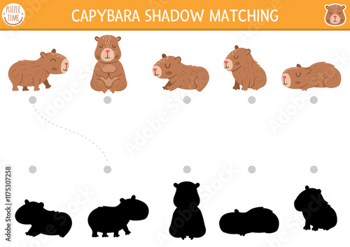 Capibara shadow matching activity. Capybara shape recognition puzzle. Find correct silhouette printable worksheet or game. Match up page for kids with cute animals