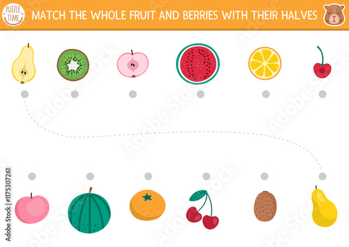Capybara matching activity with whole fruit and berry and their halves. Capibara food puzzle with apple, pear, orange, watermelon. Match the objects game. Healthy eating printable worksheet