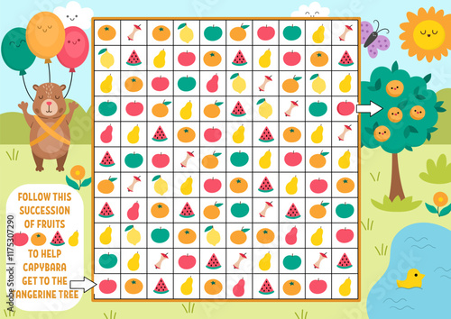 Capybara maze, seek and find game with apple, pear. Attention puzzle. Capibara printable activity for kids. Logical searching puzzle. Follow fruit succession to help animal get to tangerine tree