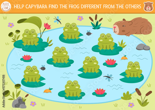 Find different frog in the pond. Capibara matching activity for children. Educational quiz worksheet for kids for attention skills. Simple printable game with cute capybara searching for toad