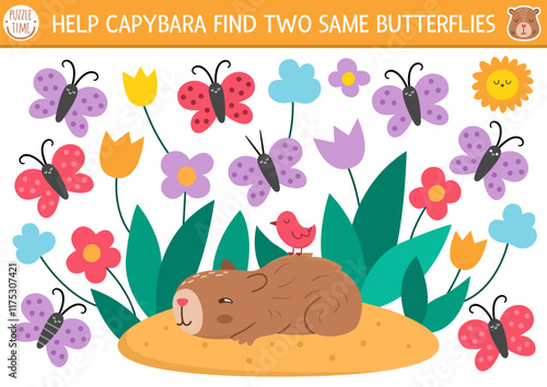Find two same butterflies. Capybara matching activity for children. Educational quiz worksheet for kids for attention skills. Printable game with cute capibara looking for insects in flower garden